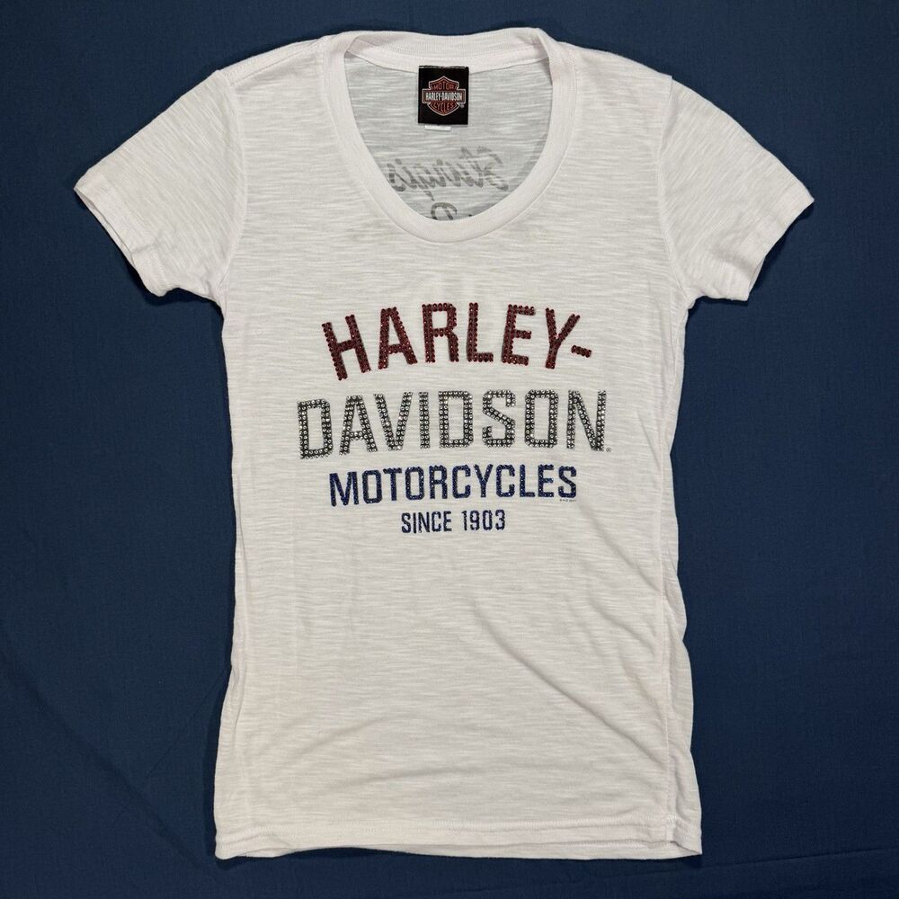 Harley-Davidson Shirt Womens Small Retro Rhinestone Graphic Scoop Neck Sturgis